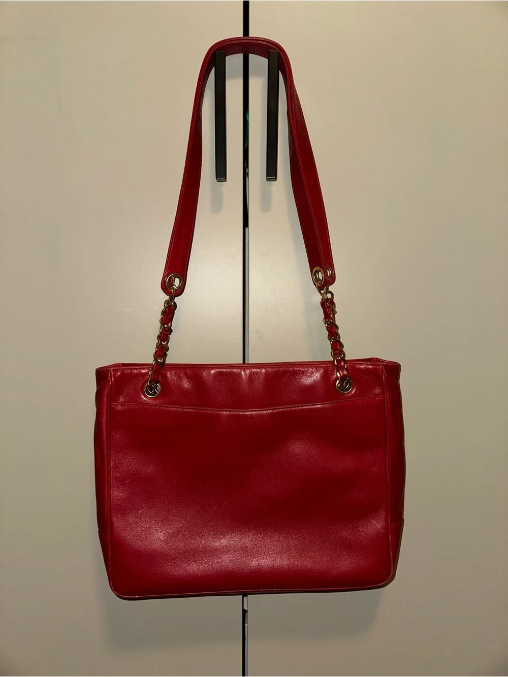 Chanel 90’s Red CC Lambskin Tote with Gold Chain-Detail Straps